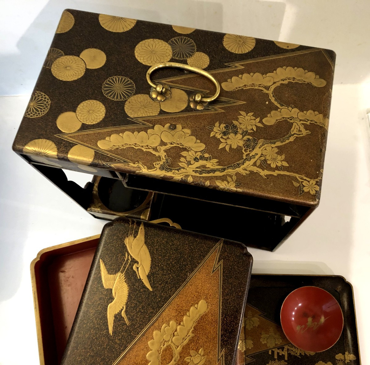 SAGE- JUBAKO NECESSAIRE DE TRANSPORT A PIQUE NIQUE BOITE EN LAQUE JAPONAIS GRUES ASIE-photo-4