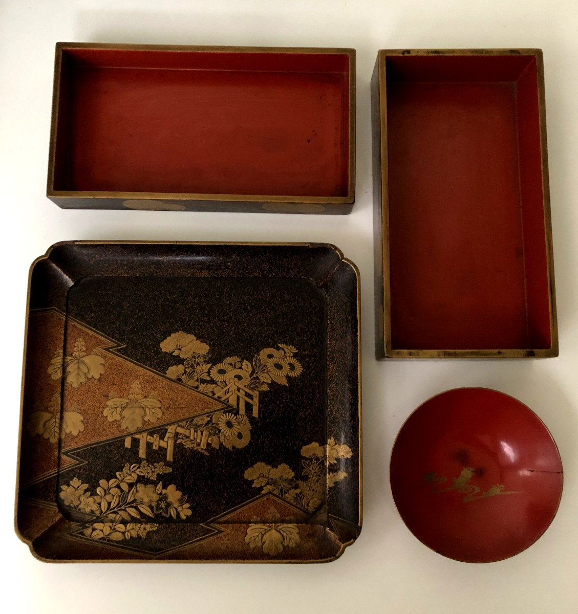 SAGE- JUBAKO NECESSAIRE DE TRANSPORT A PIQUE NIQUE BOITE EN LAQUE JAPONAIS GRUES ASIE-photo-2