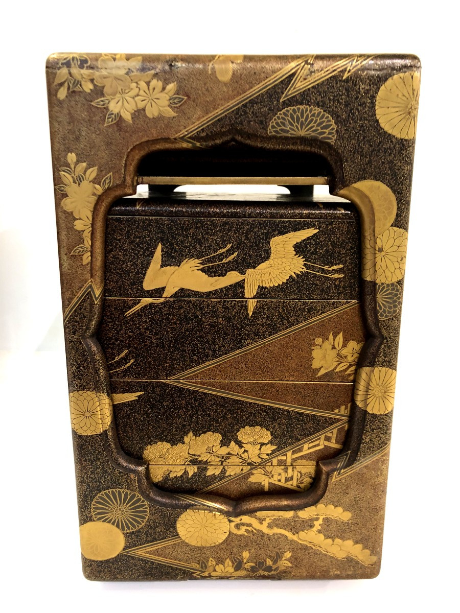 SAGE- JUBAKO NECESSAIRE DE TRANSPORT A PIQUE NIQUE BOITE EN LAQUE JAPONAIS GRUES ASIE-photo-5