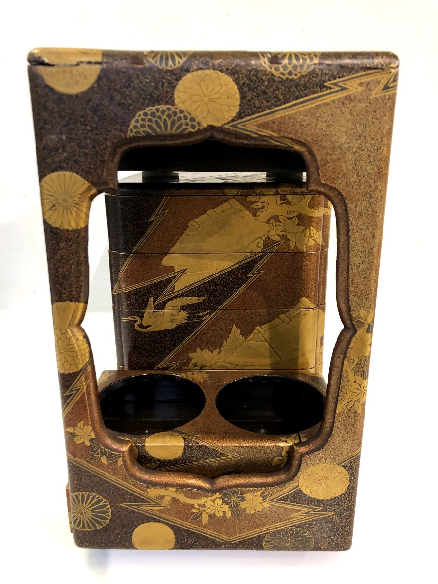 SAGE- JUBAKO NECESSAIRE DE TRANSPORT A PIQUE NIQUE BOITE EN LAQUE JAPONAIS GRUES ASIE-photo-6