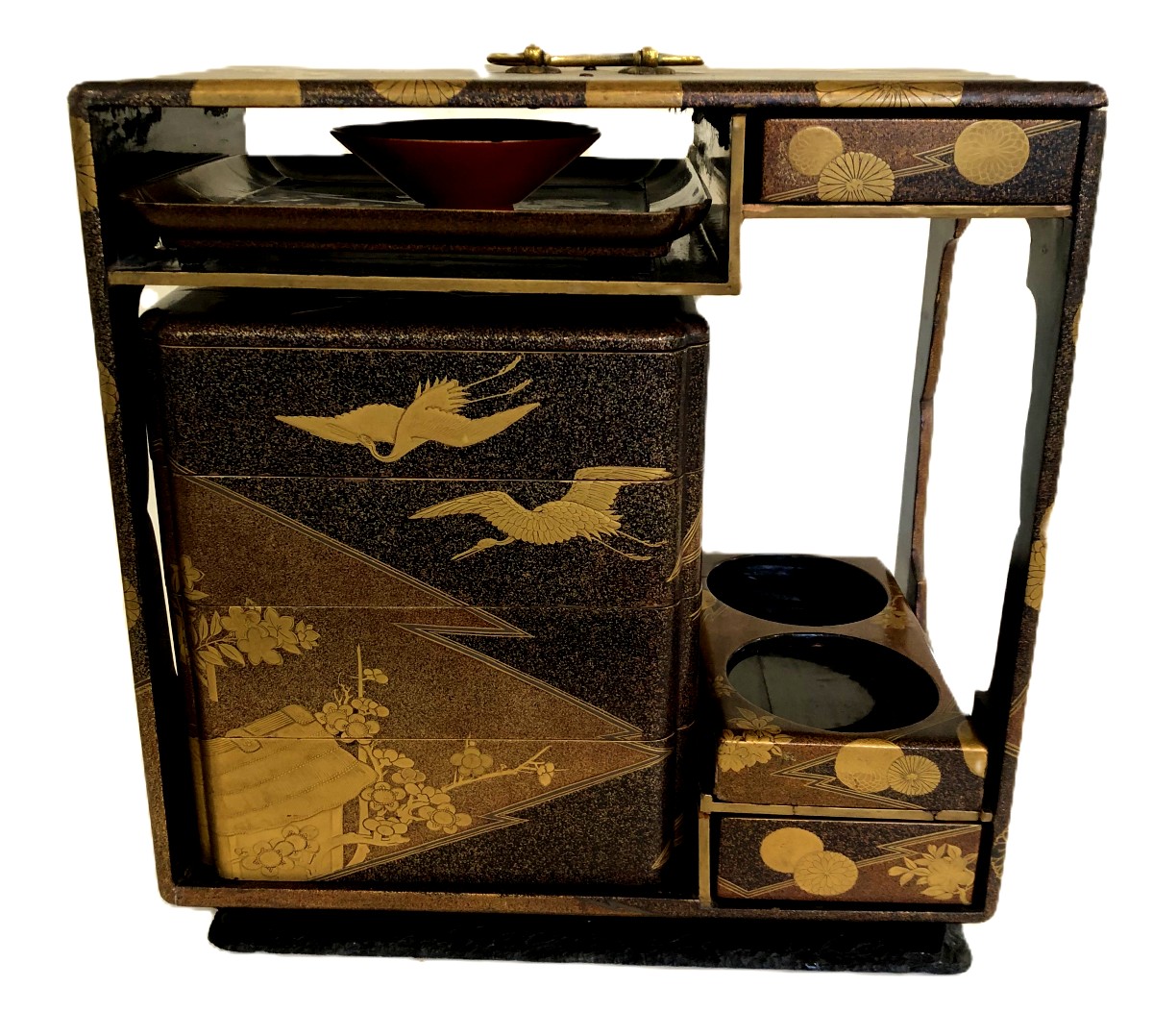 SAGE- JUBAKO NECESSAIRE DE TRANSPORT A PIQUE NIQUE BOITE EN LAQUE JAPONAIS GRUES ASIE