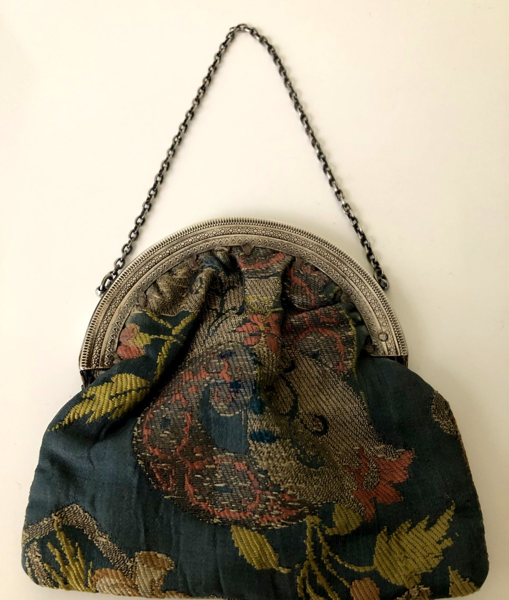 TISSU ANCIEN BOURSE PORTE MONNAIE RETICULE AUMONIERE SAC EN ARGENT MASSIF ET SOIE-photo-2