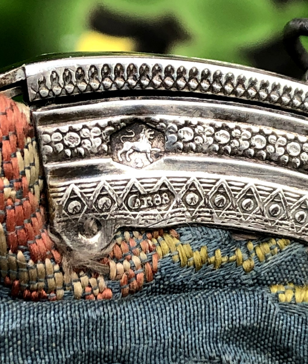 TISSU ANCIEN BOURSE PORTE MONNAIE RETICULE AUMONIERE SAC EN ARGENT MASSIF ET SOIE-photo-3