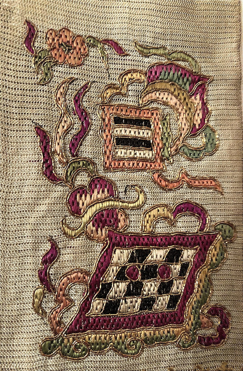 Antique Fabric, Embroidered Scarf, Chinese Go Game, Gold Thread-photo-3