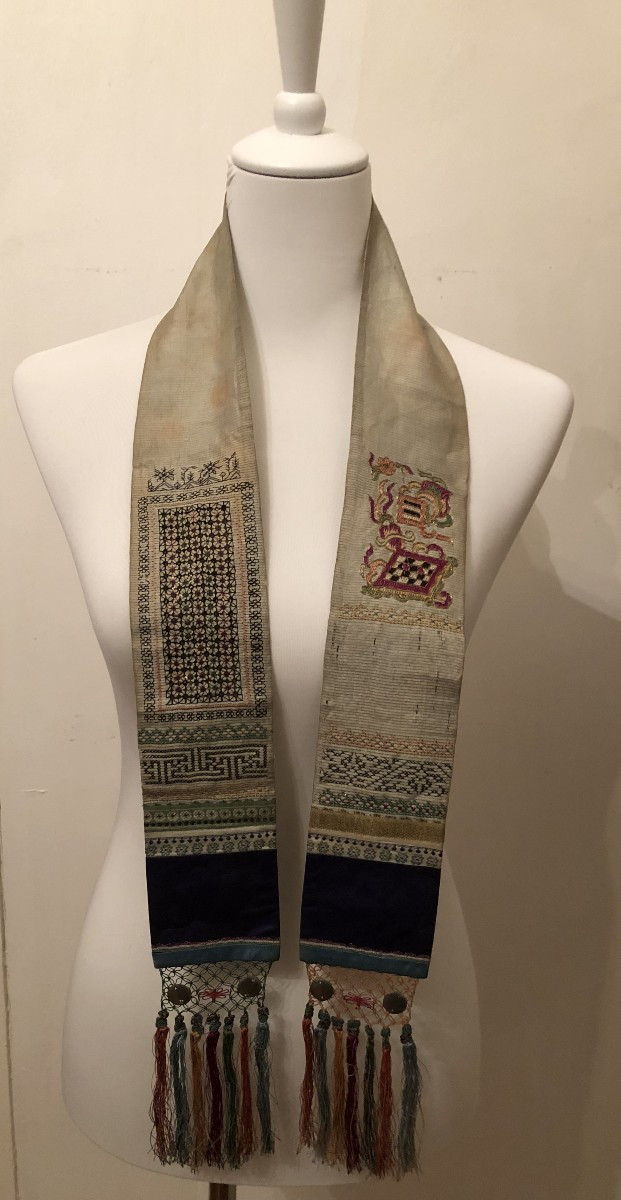 Antique Fabric, Embroidered Scarf, Chinese Go Game, Gold Thread