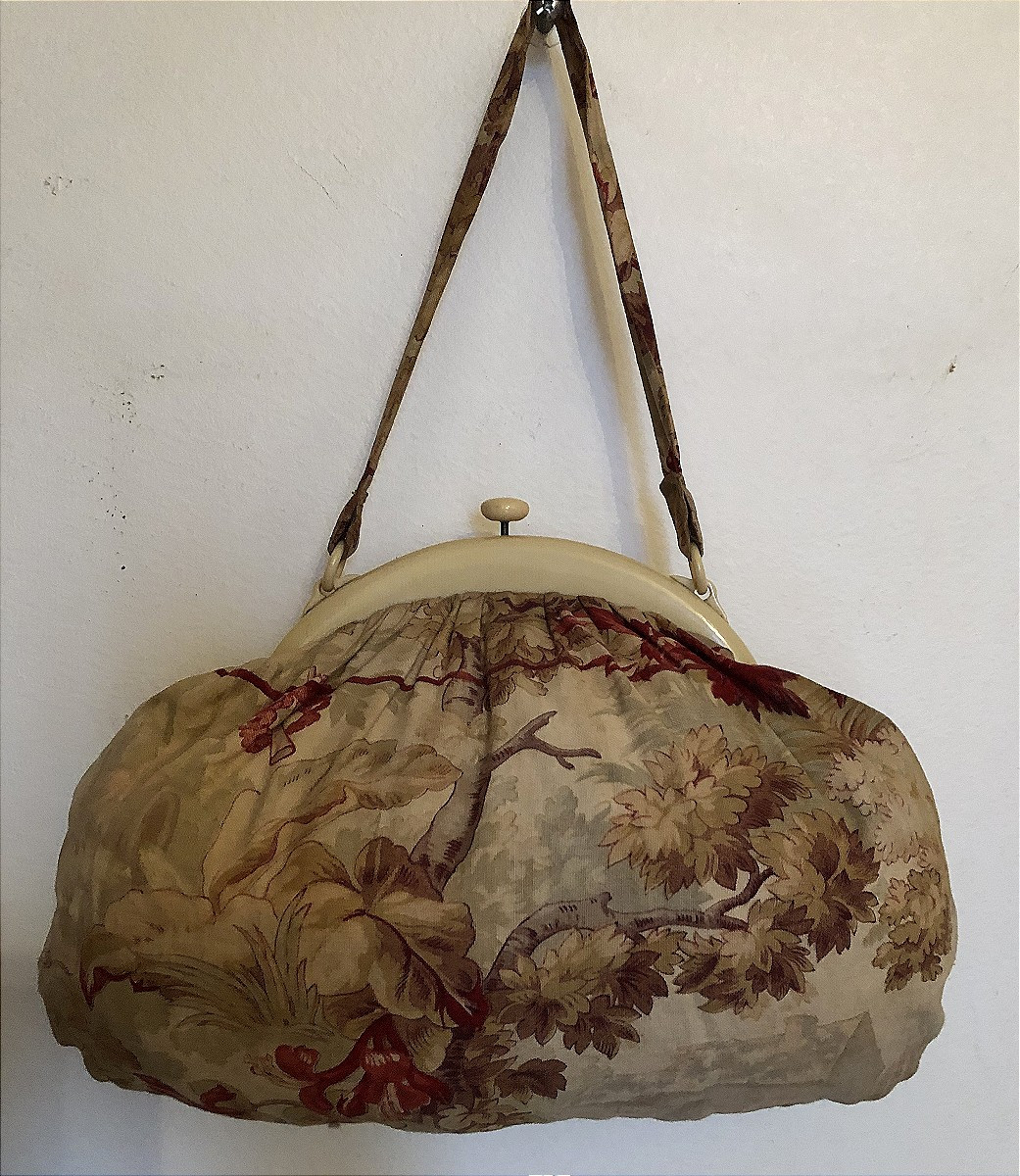 Vintage Fabric Handbag With Floral Print And Ivory Frame, Art Deco Style