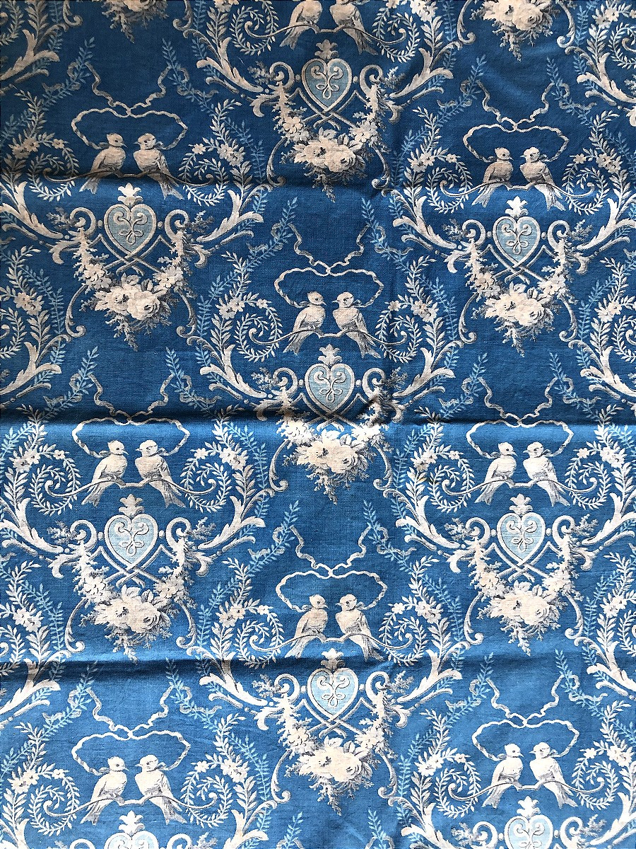 TISSU ANCIEN IMPRIME ENSEMBLE INDIGO RETOUR DU PRIMPTEMPS OISEAUX COEURS COUSSINS RIDEAUX-photo-3