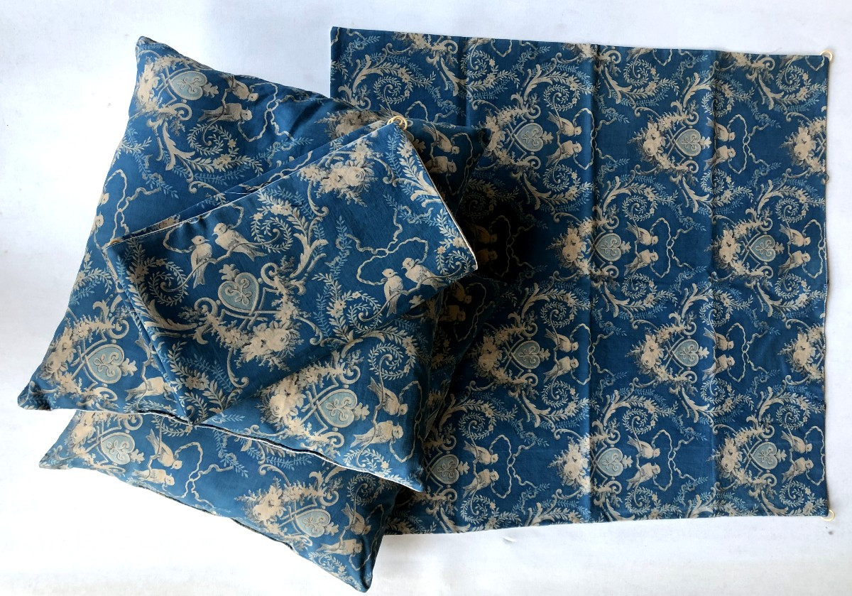 TISSU ANCIEN IMPRIME ENSEMBLE INDIGO RETOUR DU PRIMPTEMPS OISEAUX COEURS COUSSINS RIDEAUX-photo-4
