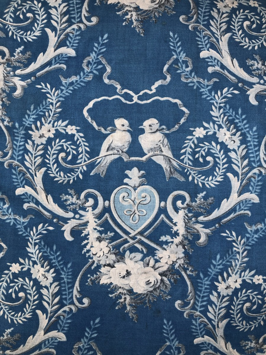 TISSU ANCIEN IMPRIME ENSEMBLE INDIGO RETOUR DU PRIMPTEMPS OISEAUX COEURS COUSSINS RIDEAUX