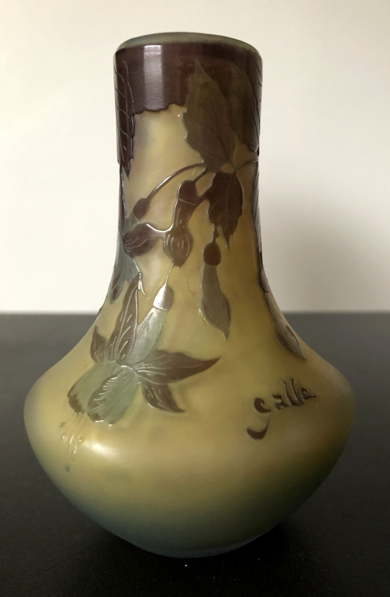 Galle Small Pate De Verre Vase Decorated With Fuchsia Flowers Authentic Art Nouveau Period-photo-2
