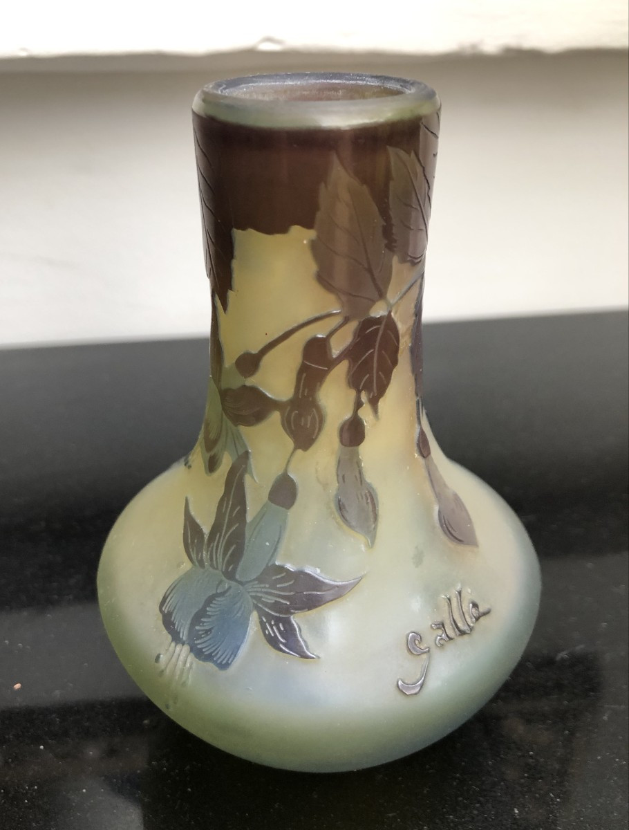 Galle Small Pate De Verre Vase Decorated With Fuchsia Flowers Authentic Art Nouveau Period-photo-4