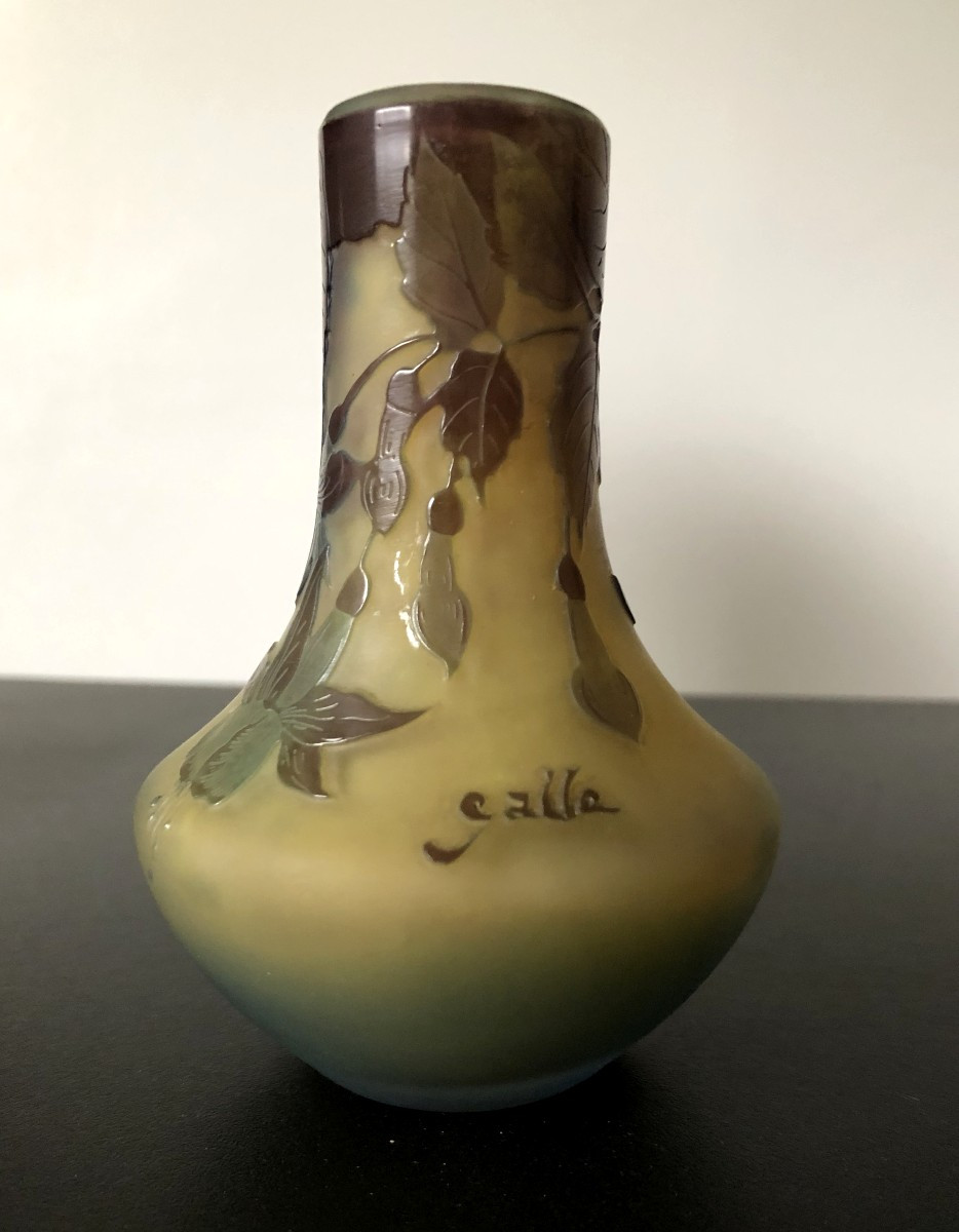 Galle Small Pate De Verre Vase Decorated With Fuchsia Flowers Authentic Art Nouveau Period