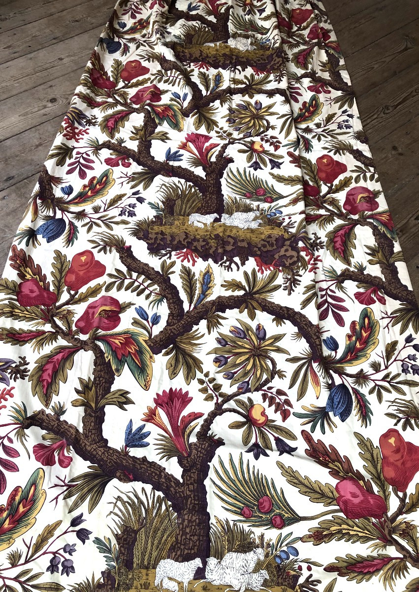 TISSU ANCIEN PAIRE DE RIDEAUX SCENE PASTORALE A L ARBRE DE VIE ART DECO IMPRIME MOUTON-photo-2