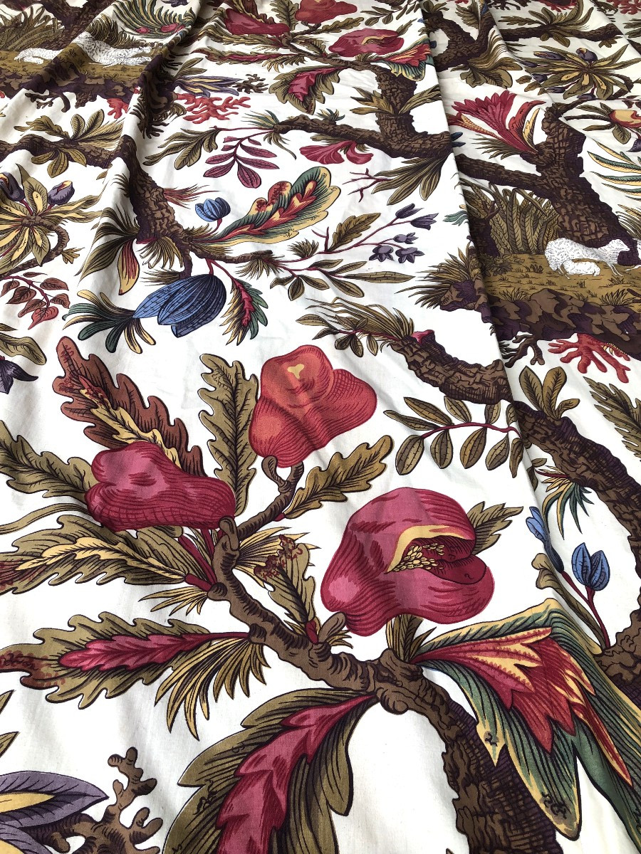 TISSU ANCIEN PAIRE DE RIDEAUX SCENE PASTORALE A L ARBRE DE VIE ART DECO IMPRIME MOUTON-photo-4