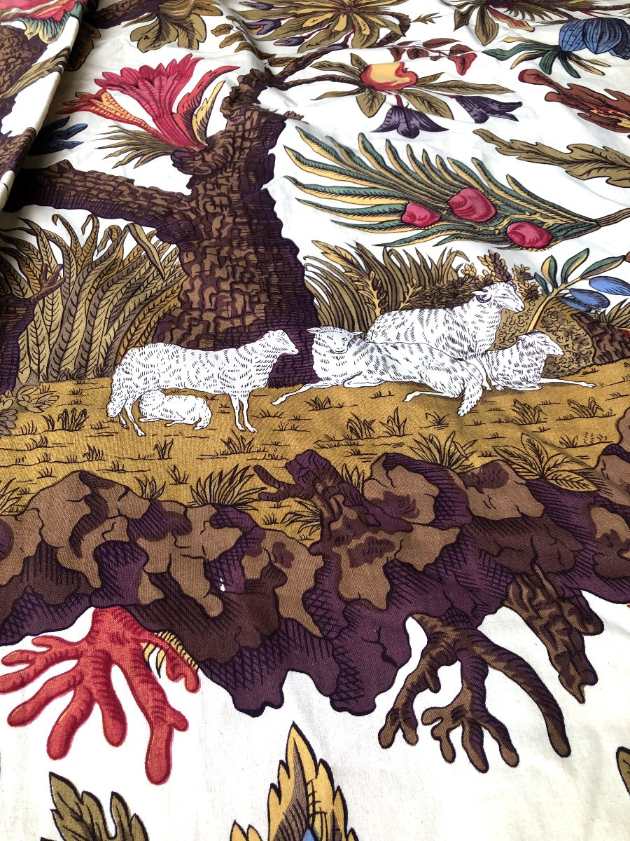 TISSU ANCIEN PAIRE DE RIDEAUX SCENE PASTORALE A L ARBRE DE VIE ART DECO IMPRIME MOUTON-photo-2