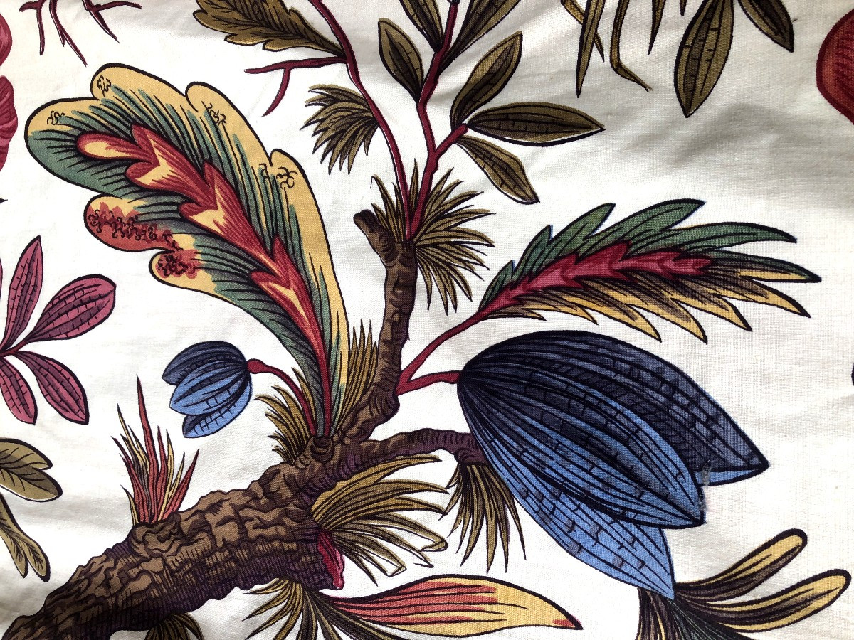 TISSU ANCIEN PAIRE DE RIDEAUX SCENE PASTORALE A L ARBRE DE VIE ART DECO IMPRIME MOUTON-photo-5