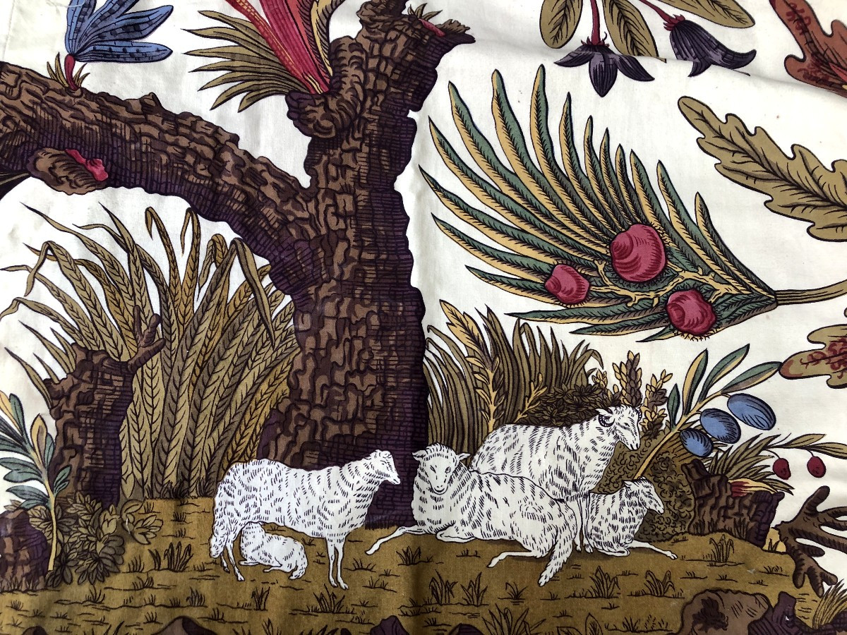 TISSU ANCIEN PAIRE DE RIDEAUX SCENE PASTORALE A L ARBRE DE VIE ART DECO IMPRIME MOUTON
