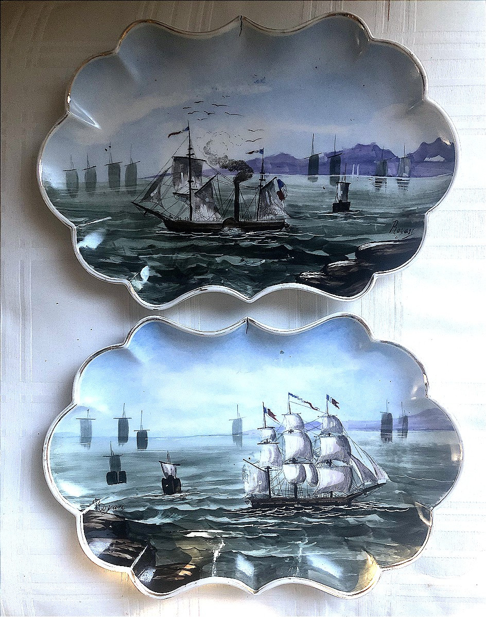 ROYAN PAIRE DE PLATS  MARINE PORCELAINE XIXème SIECLE 