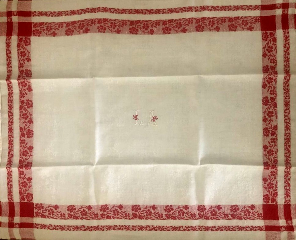 Antique Fabric 6 Damask Towels With Red Beds And Monograms-photo-3