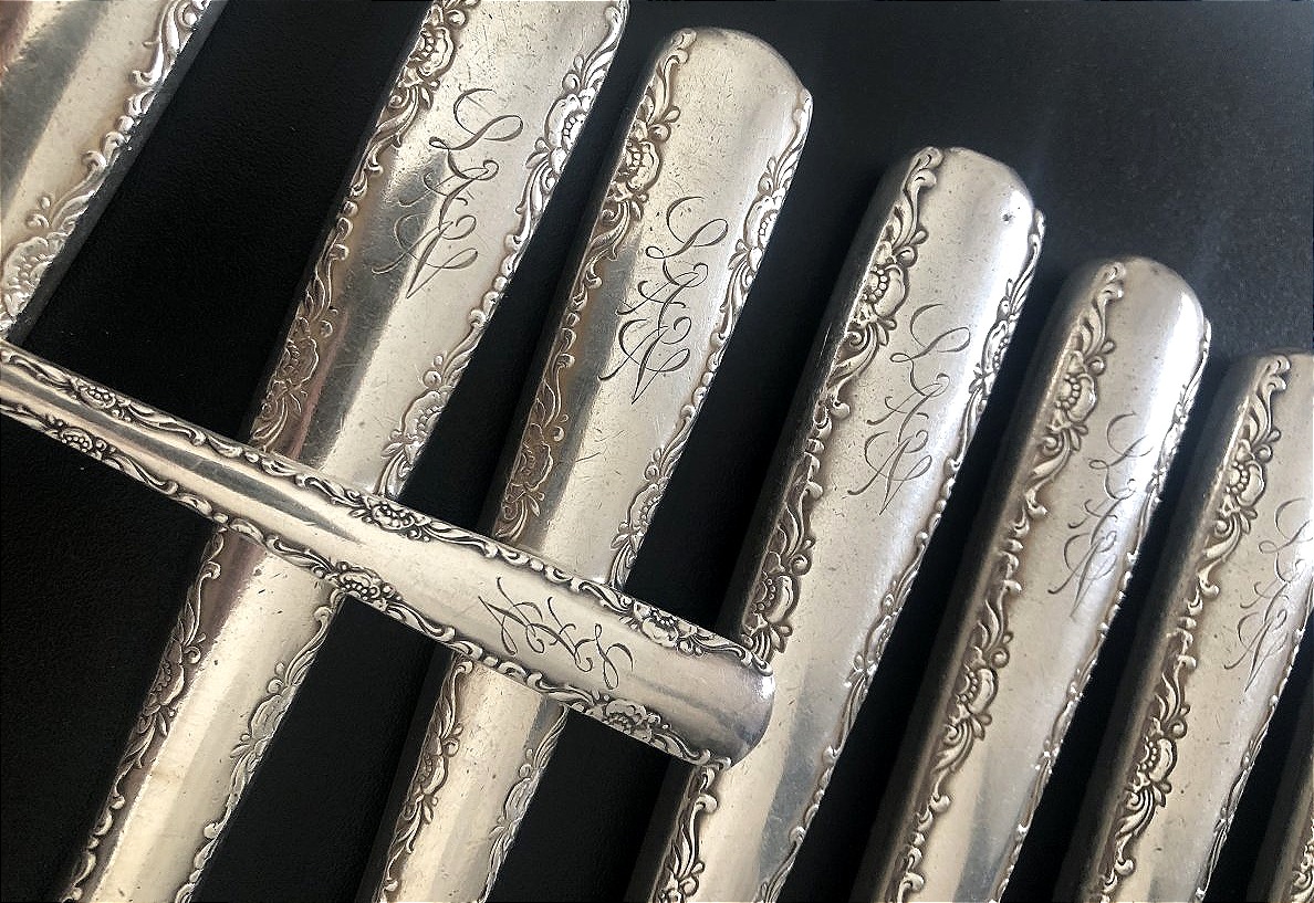 1941 Solid Silver Knife Set, Gorham American Manufacture, Camellia Monogram-photo-2