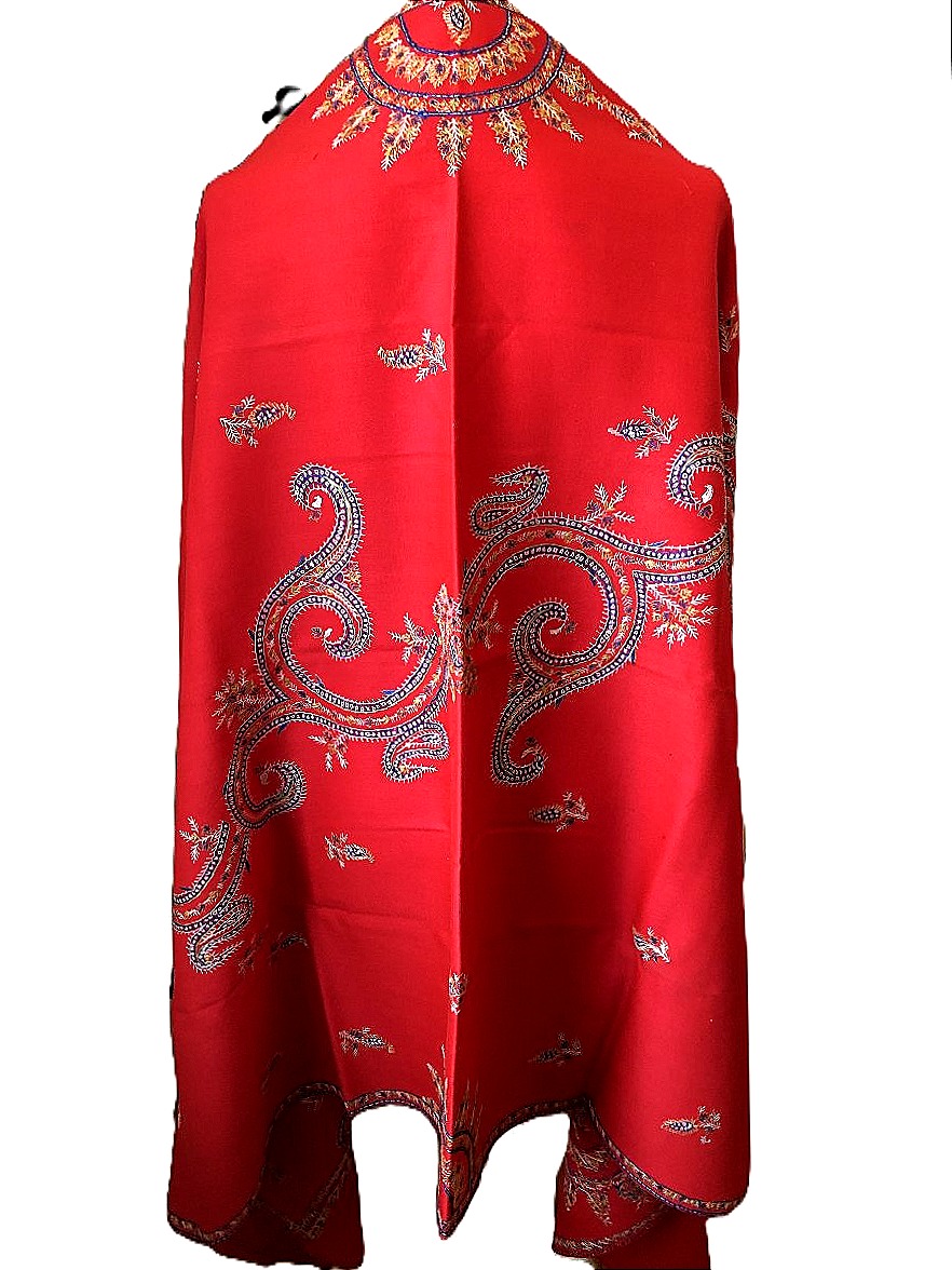TISSU ANCIEN PASHMINA BRODE CHALE ROUGE TURC ANDRINOPLE  BOTEH-photo-2