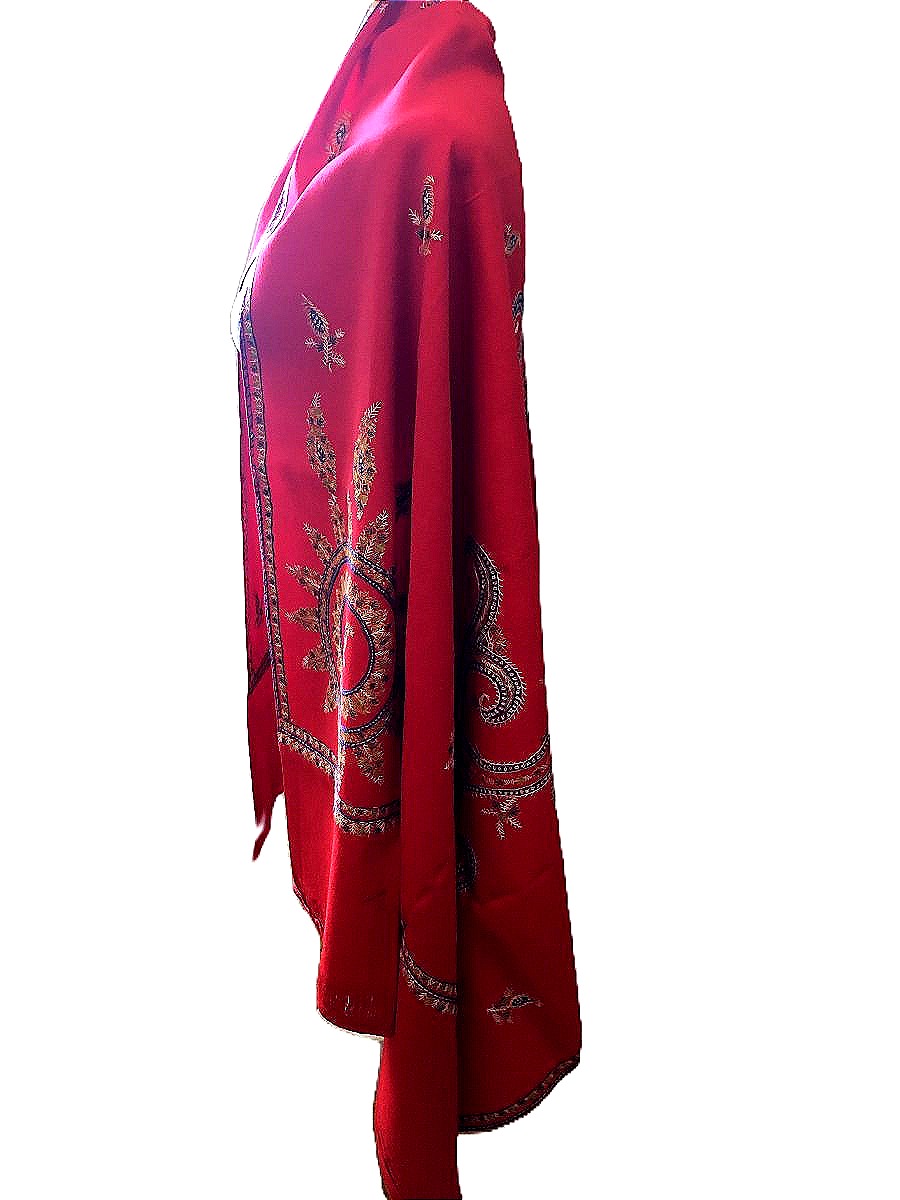 TISSU ANCIEN PASHMINA BRODE CHALE ROUGE TURC ANDRINOPLE  BOTEH-photo-3