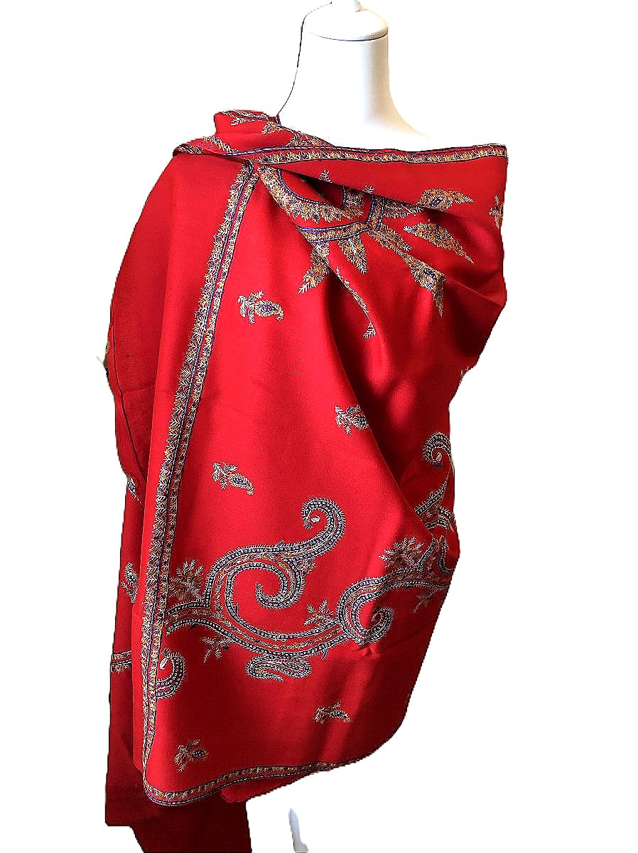 TISSU ANCIEN PASHMINA BRODE CHALE ROUGE TURC ANDRINOPLE  BOTEH-photo-1