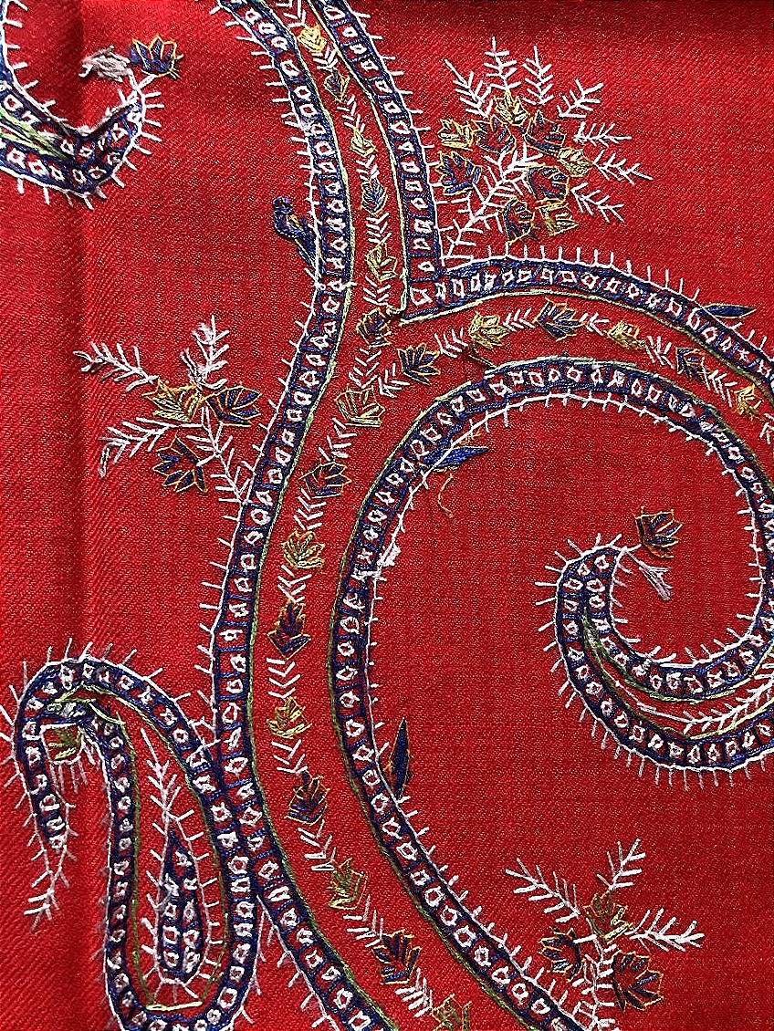 TISSU ANCIEN PASHMINA BRODE CHALE ROUGE TURC ANDRINOPLE  BOTEH-photo-4