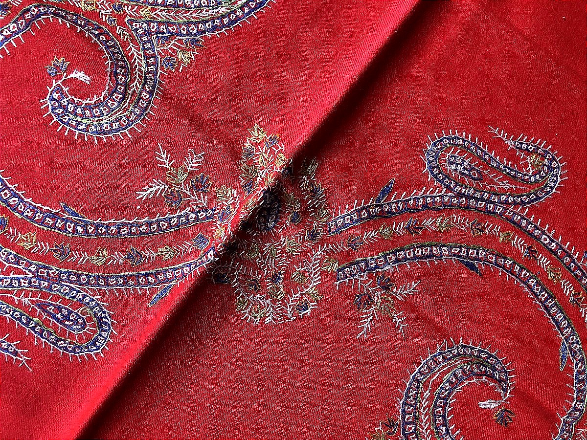 TISSU ANCIEN PASHMINA BRODE CHALE ROUGE TURC ANDRINOPLE  BOTEH-photo-5