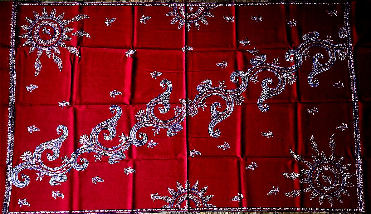 TISSU ANCIEN PASHMINA BRODE CHALE ROUGE TURC ANDRINOPLE  BOTEH