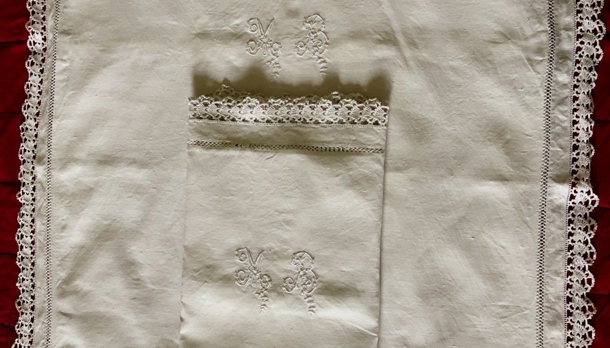 Paire De Taies D Oreiller XIXème Siecle Linge Tissu Textile Ancien Broderie Monogramme Mb-photo-2