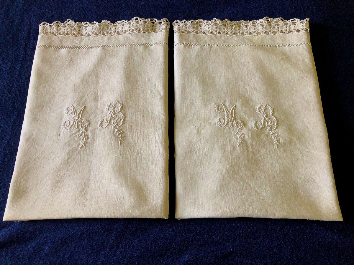Paire De Taies D Oreiller XIXème Siecle Linge Tissu Textile Ancien Broderie Monogramme Mb