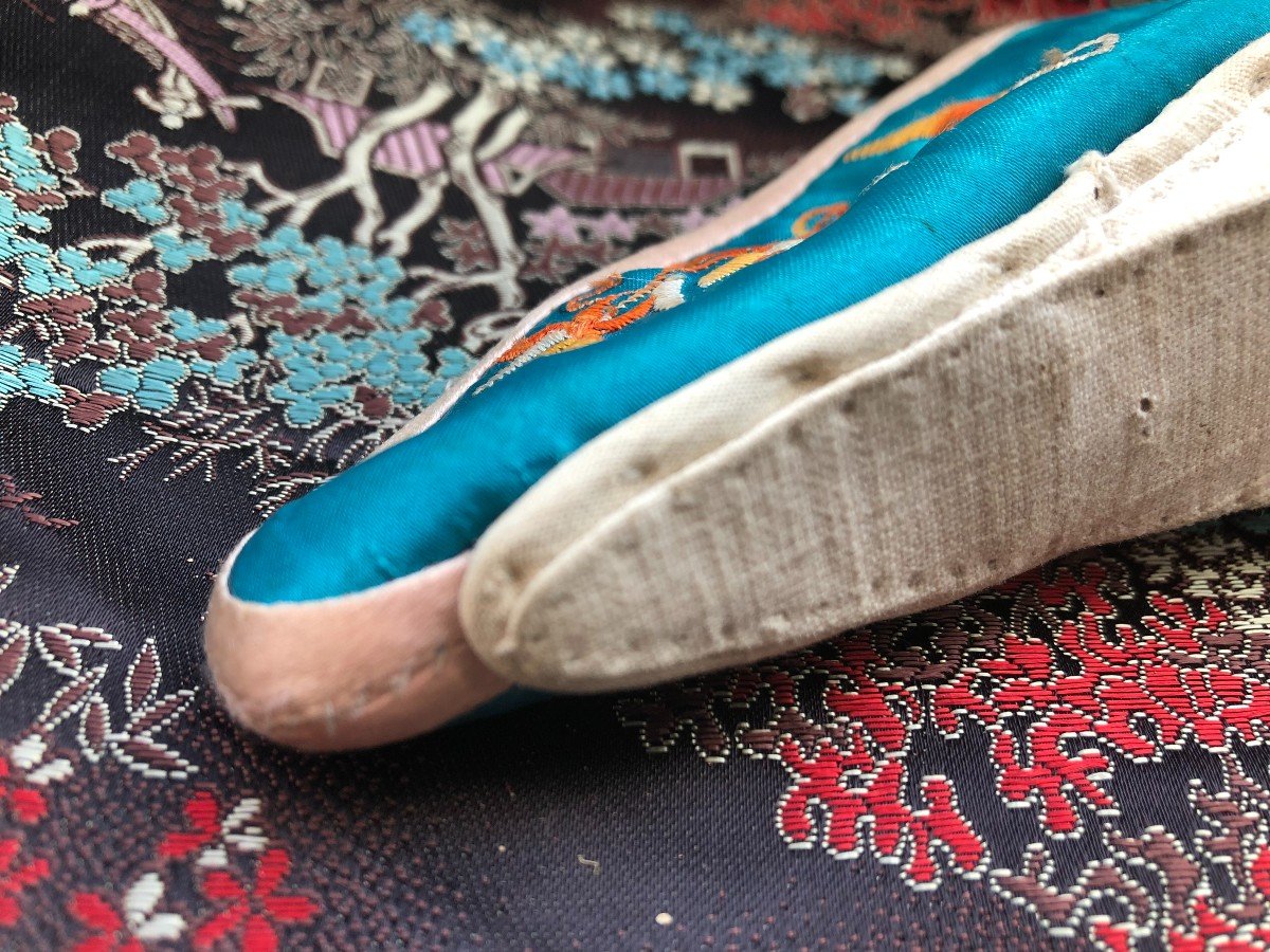 Costume Chaussure Tissu Ancien XIXème Siecle Chine Broderie -photo-2