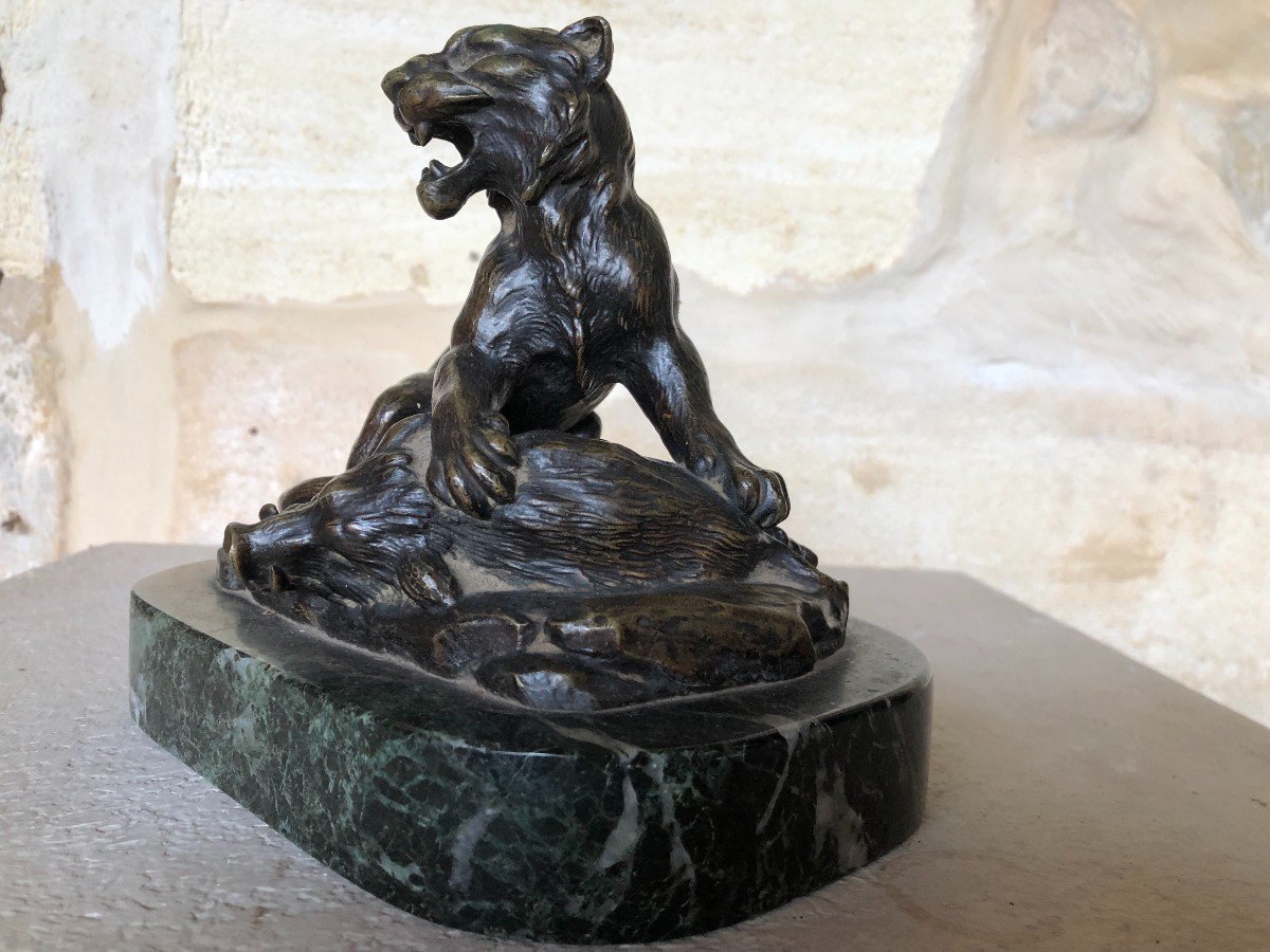 Sculpture Marble Bronze Animal Dlg De Barye Lioness And Boar Old Cast Iron XIXth Century-photo-2