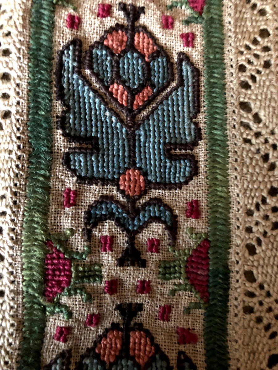 TISSU Ancien Broderie XVIIIème Siecle Petit Point Dentelle -photo-3