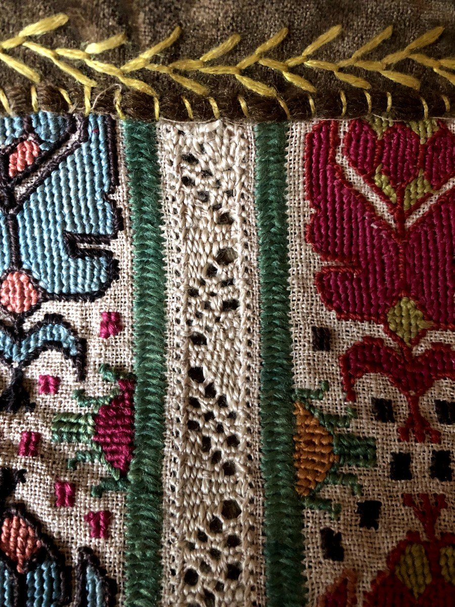 TISSU Ancien Broderie XVIIIème Siecle Petit Point Dentelle -photo-3