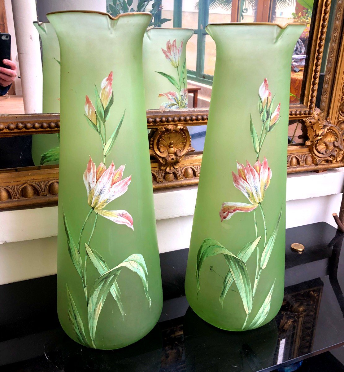 Legras grande Paire de Vase en verre Emaille art nouveau XIXème Siècle a décor de fleurs-photo-3