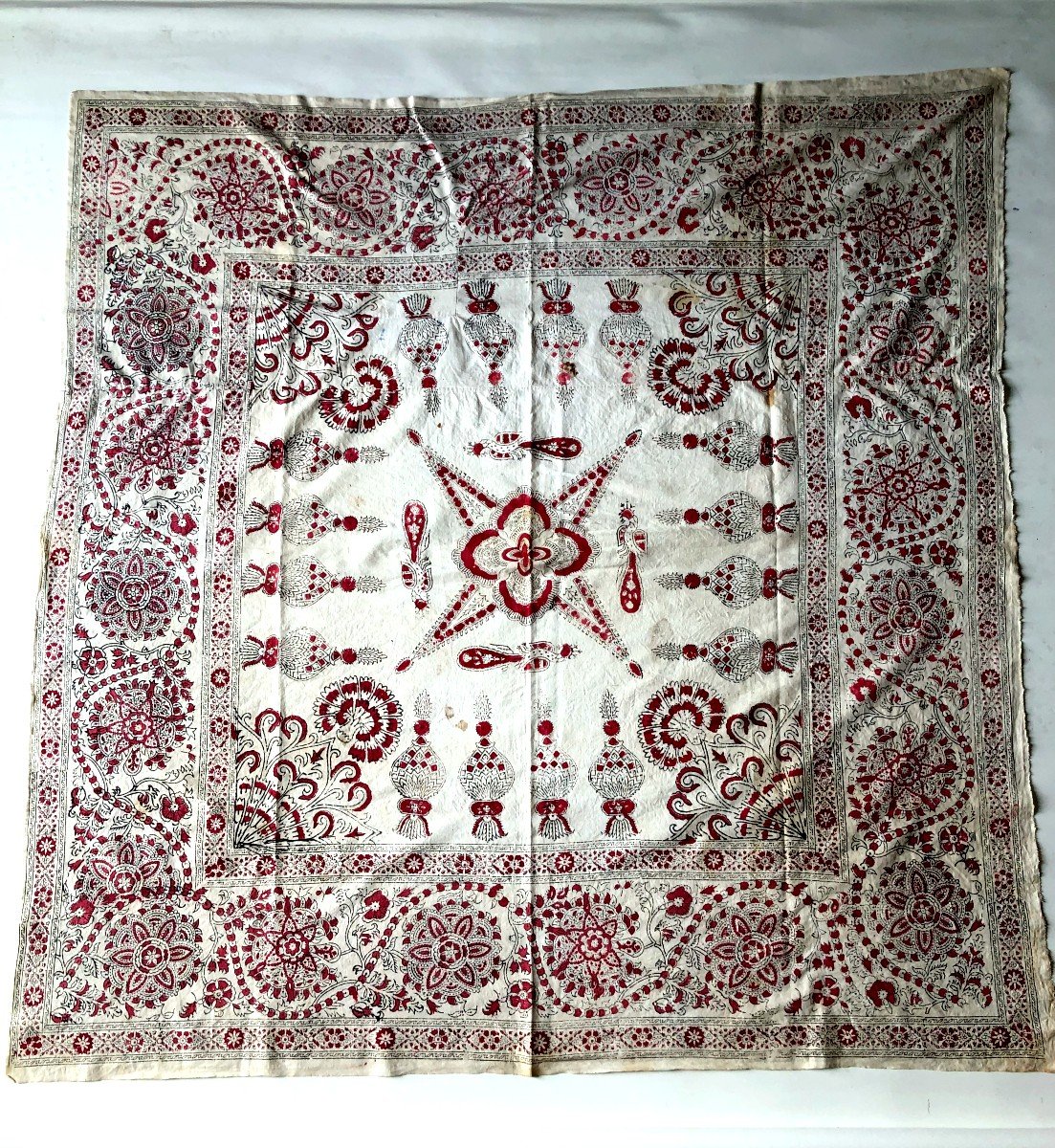 Textile India Painted Canvas Printed Carpet D Summer Mid XIXth Century Cotton