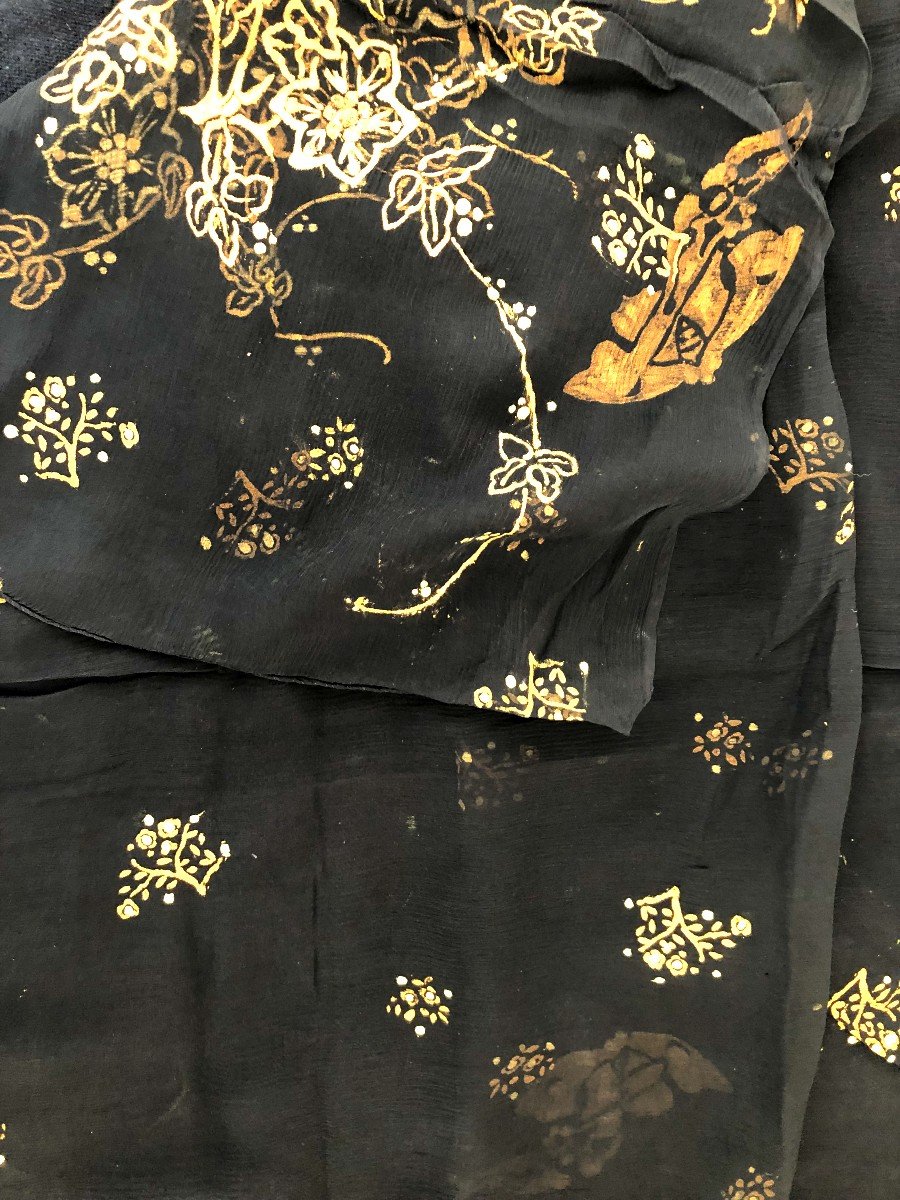 TISSU Impression A L Or Sur crepe de  Soie 1930 Surihaku Foulard Fichu Chale-photo-1