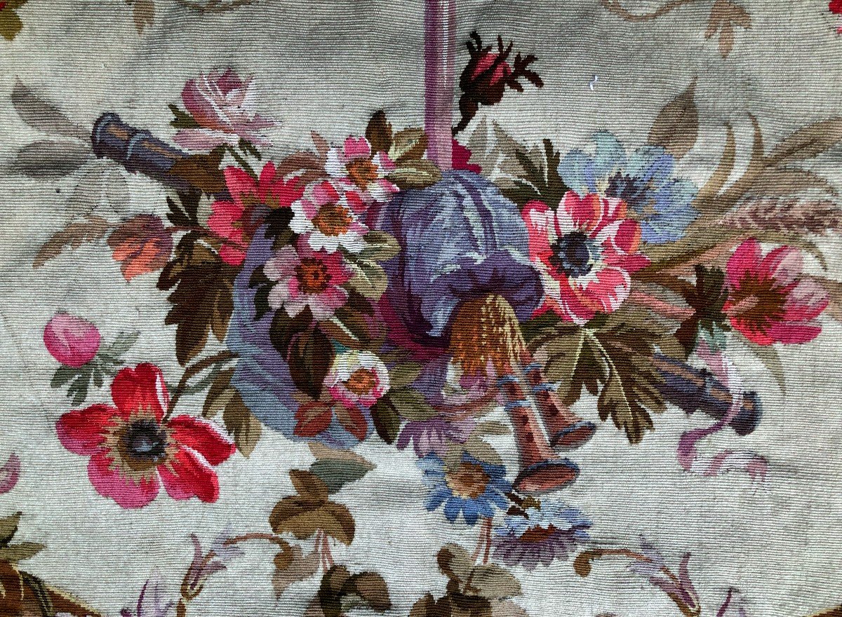 No 1 Tapestry Aubusson XIXth Century Portiere Cantonniere Musical Instrument Flower-photo-6
