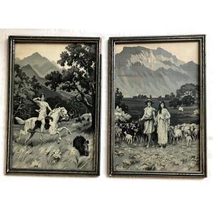 2 Woven Silk Paintings Circa 1940 Framed