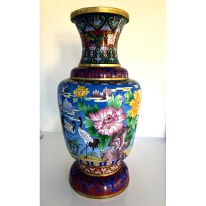 Vase Lampe email Cloisonne A Riche Decor d'oiseaux et fleurs japon