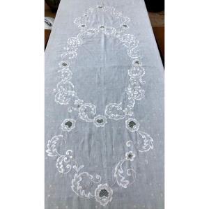 Hand Embroidered Linen Thread And Art Nouveau Metallic Thread Tablecloth
