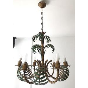 Six-arm Six-light Pendant Chandelier Vintage Bamboo Palm Tree In Metal Plant Decor