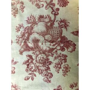 TISSU ANCIEN IMPRIME XVIIIème SIECLE TOILE DE JOUY ANANAS OISEAUX PAPILLON