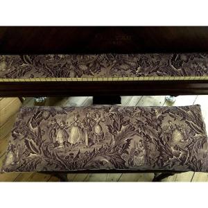 TISSU ANCIEN ENSEMBLE POUR PIANO COUSSIN ET COUVRE CLAVIER IMPRIME DEBUT XIXème SIECLE MUSIQUE