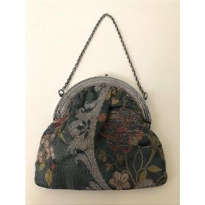 TISSU ANCIEN BOURSE PORTE MONNAIE RETICULE AUMONIERE SAC EN ARGENT MASSIF ET SOIE