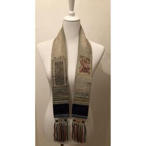 TISSU ANCIEN ECHARPE BRODEE MAIN CHINE JEU DE GO FIL D OR