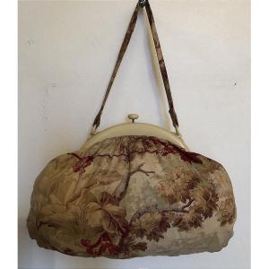 Vintage Fabric Handbag With Floral Print And Ivory Frame, Art Deco Style