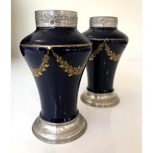 PAIRE DE VASES EN PORCELAINE SEVRES LIMOGES BLEU DE FOUR ARCENT MASSIF DORE A L OR